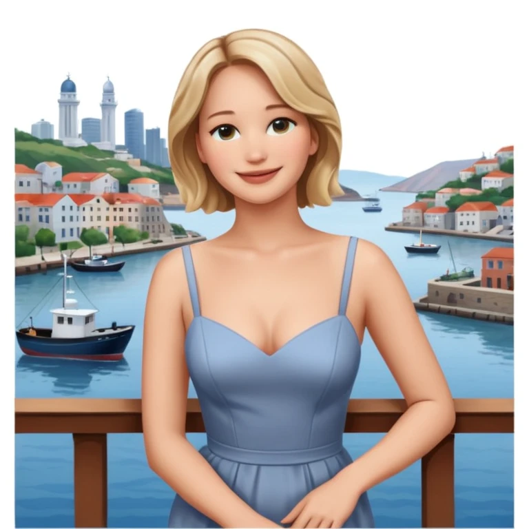 jennifer lawrence, closeup portrait , leaning on a balcony with a harbor and cityscape in the background, smiling emoji