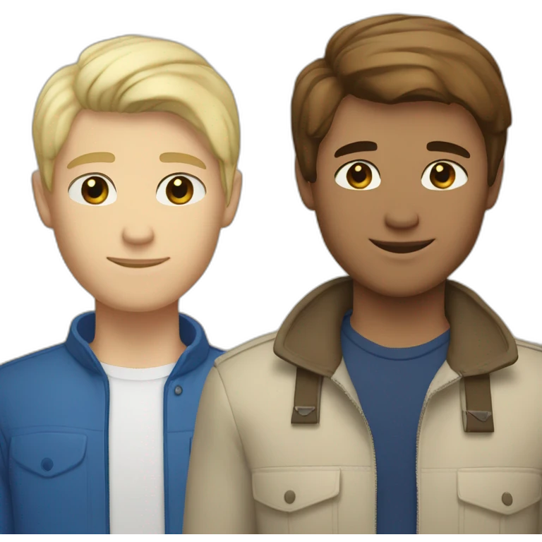 Gay couple, one guy Alaskan native brown straight hair brown eyes, 1 guy white blonde hair blue eyes emoji
