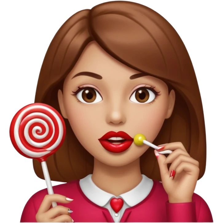 A lollipop in the guys mouth with Long nails and has glossy lips emoji