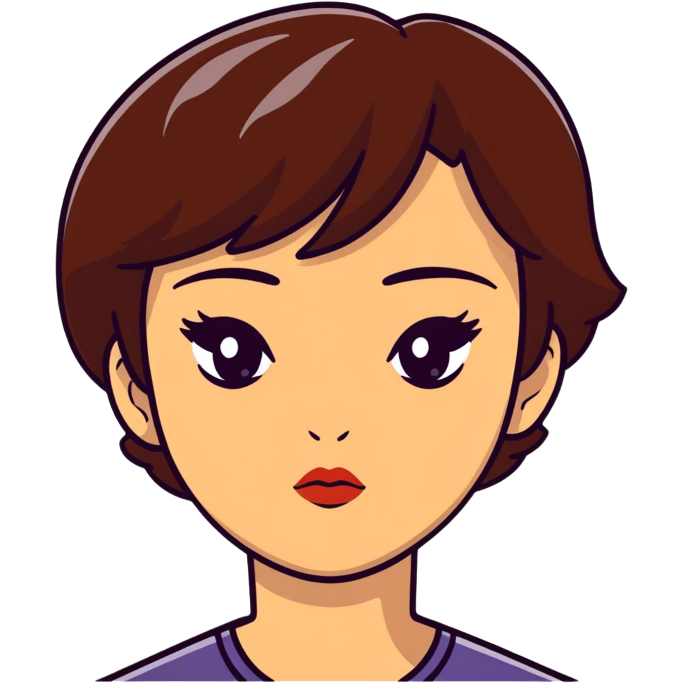 Lady with small eyes and small lips and short brown hair who looks mean emoji