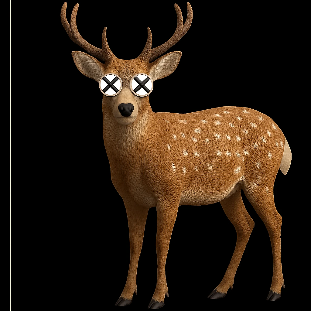 Overlay cartoon X's on the eyes of the deer, keep everything else 100% identical—pose, style, lighting, and background. Maintain the original style and look exactly as in the reference image. emoji