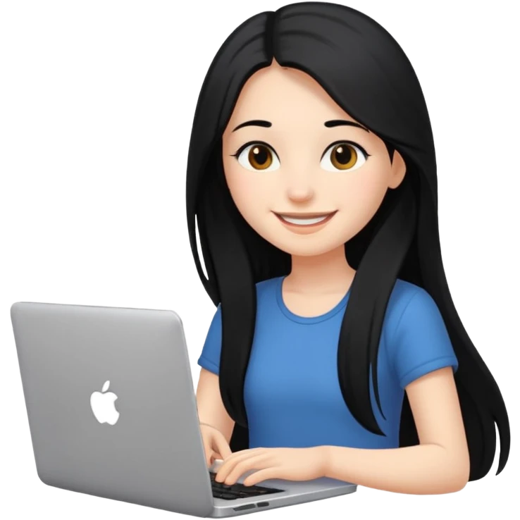 girl with long black hair smiling while typing on laptop emoji