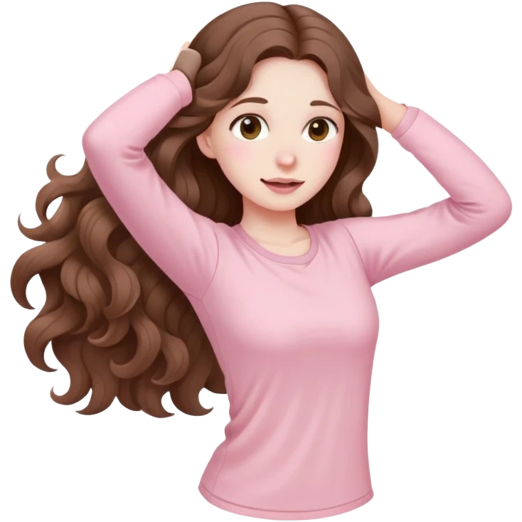 A girl with long brown wavy hair and pale pink clothes is stretching emoji
