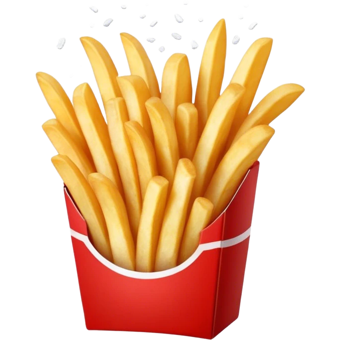 Cinematic crispy golden French fries, piled high, sprinkled with salt, served in a red carton, warm and inviting, rich golden hues, perfectly crunchy and delicious. emoji