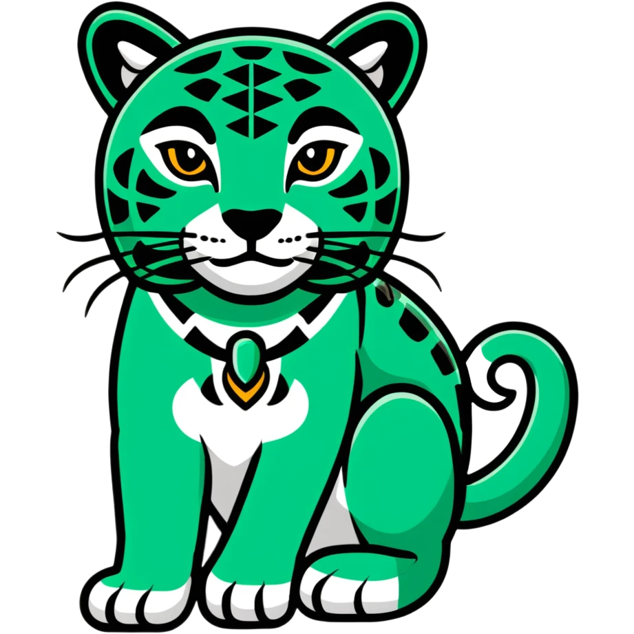Maya sacred jaguar messenger - important message, perfect geometric lines like hieroglyphics, ONLY white and deep green colors, no other colors, flat design emoji