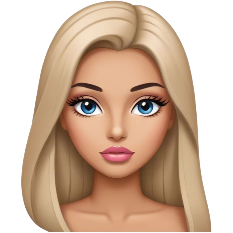 Glamours, tanned, very beautiful girl, with big pump peach-beige-rose lips, long long lashes, black straight smooth silky long hair, straight parting hair, blue-grey eyes emoji