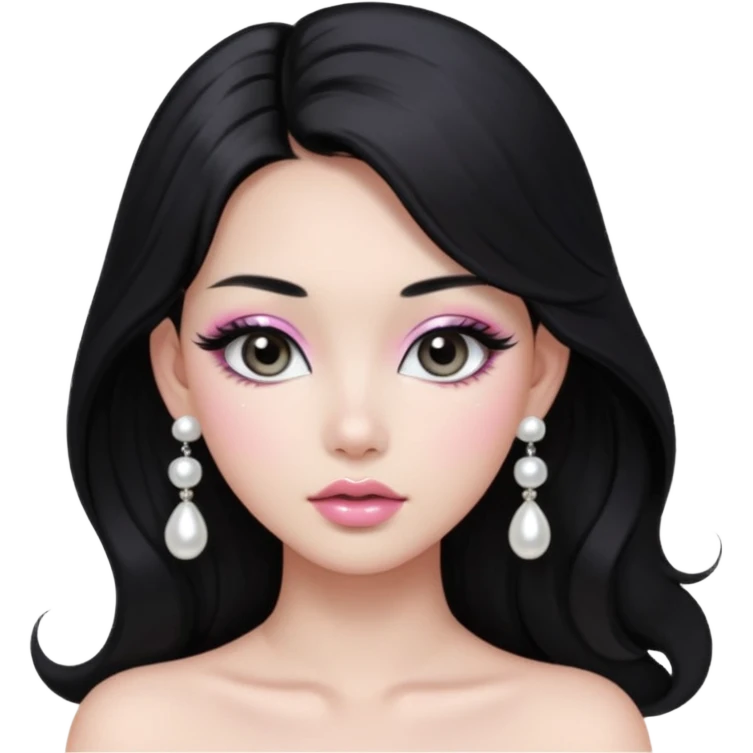 asian long voluminous black hair silver grey eyes glossy lips glittery white and light pink eyeshadow girl pearl earrings emoji