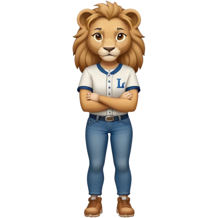 determined anthropomorphised female lion in a baseball shirt and jeans with arms folded, confident stance emoji