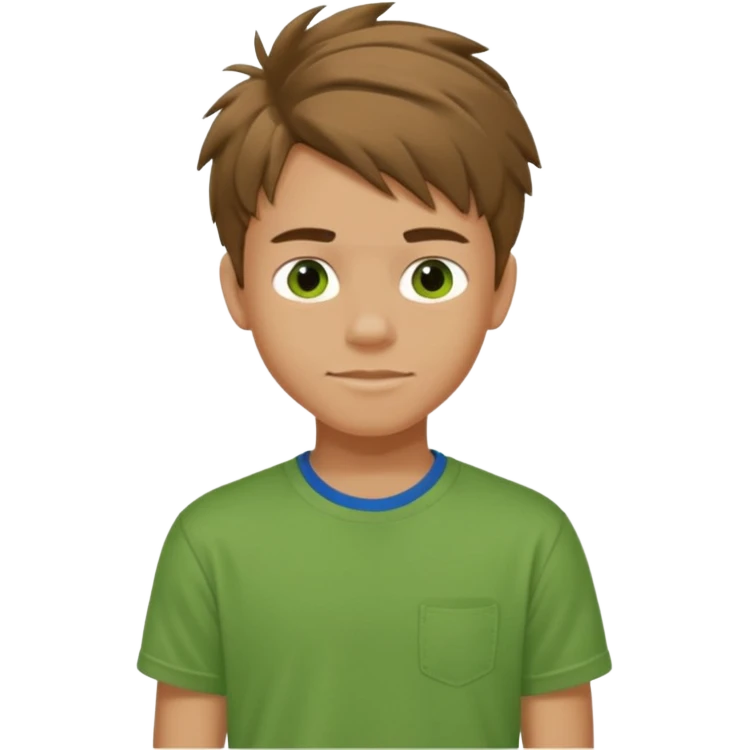 A 14 yerar old teenage boy, slightly tanned, wearing a green tshirt, blue jeans and green sneakers with brown tousled hair, smirking emoji