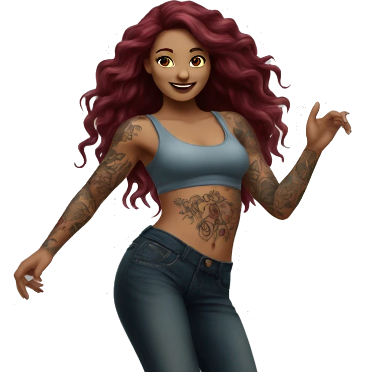 Beautiful tattooed burgundy long haired woman dancing emoji