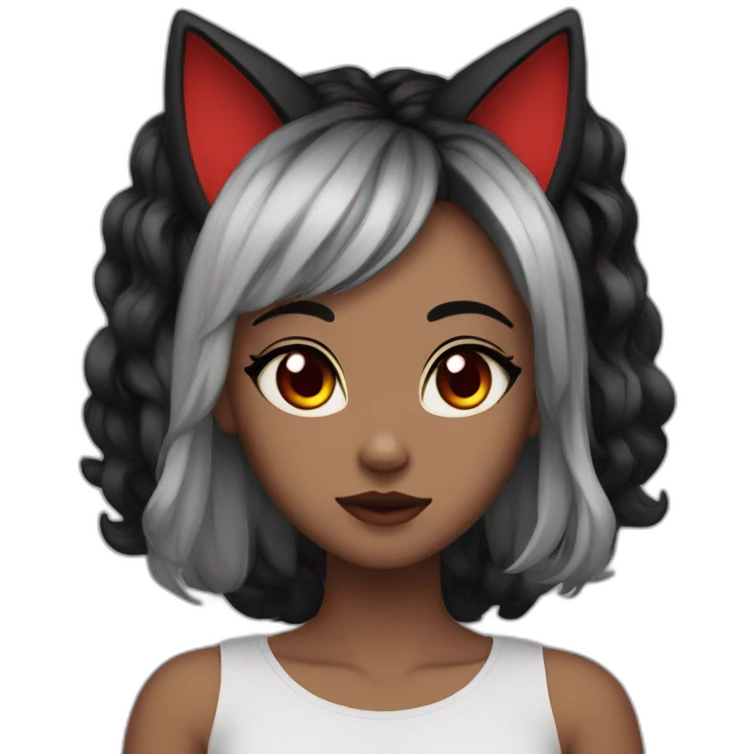 girl, cat ears, black hair, wavy hair, red eyes, black sclera emoji