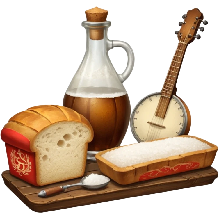 steampunk - a bottle of salt (salt shaker) and a loaf of peasant bread with a small mandolin - still life composition emoji