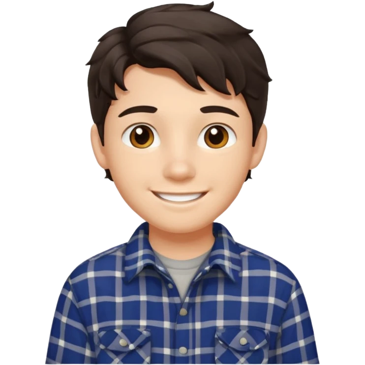 emoji of a teenage boy, wavy dark hair, wearing a plaid shirt, smiling emoji