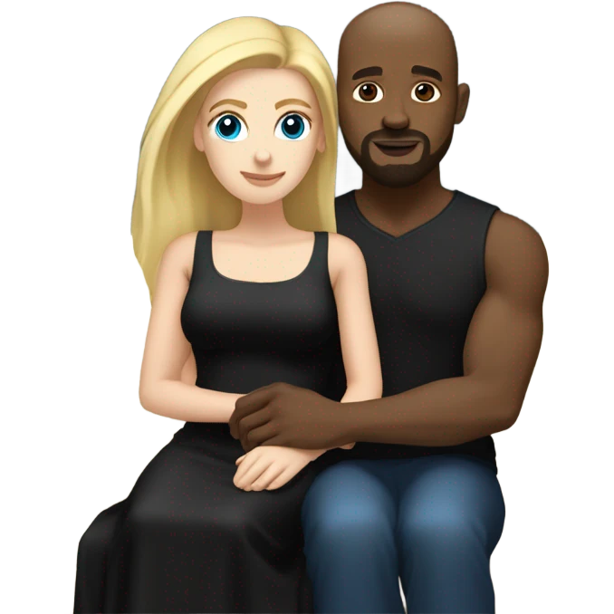 Blonde woman with blue eyes and long straight hair wearing a short black dress and a black man who is bald with a goatee seated together on a sofa enjoying a passionate embrace.   emoji