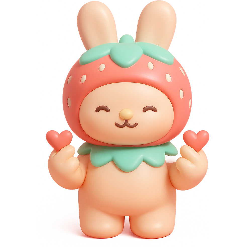 strawberry bunny making finger hearts, vinyl figure style emoji