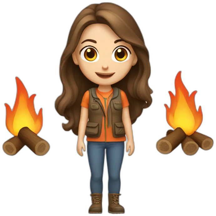 caucasian female camper with long brunette hair and campfire emoji