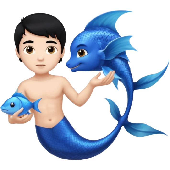 boy, black hair, brown eyes, white skin, Triton, with Triton in hand and blue Triton tail on the side. emoji