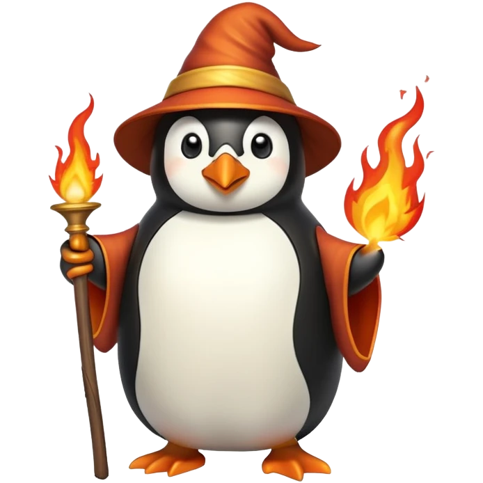 penguin wizard casting a fire spell with flames emoji
