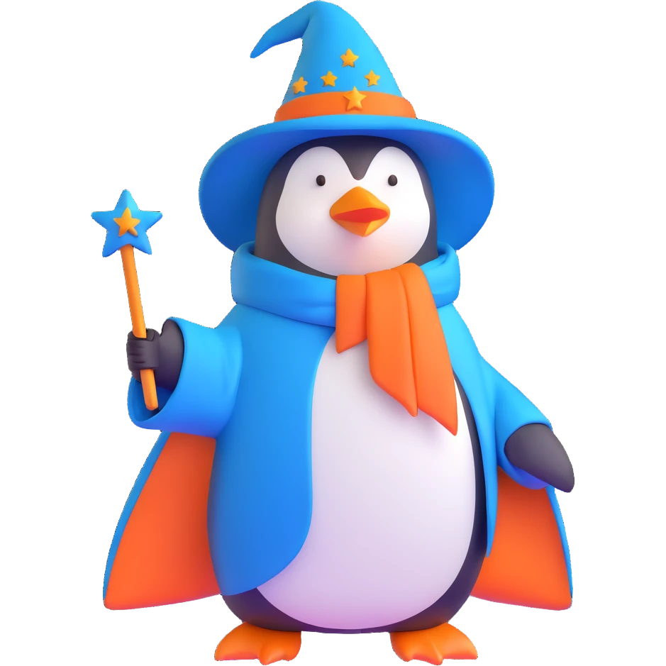 wizard penguin with a blue robe and starry hat emoji