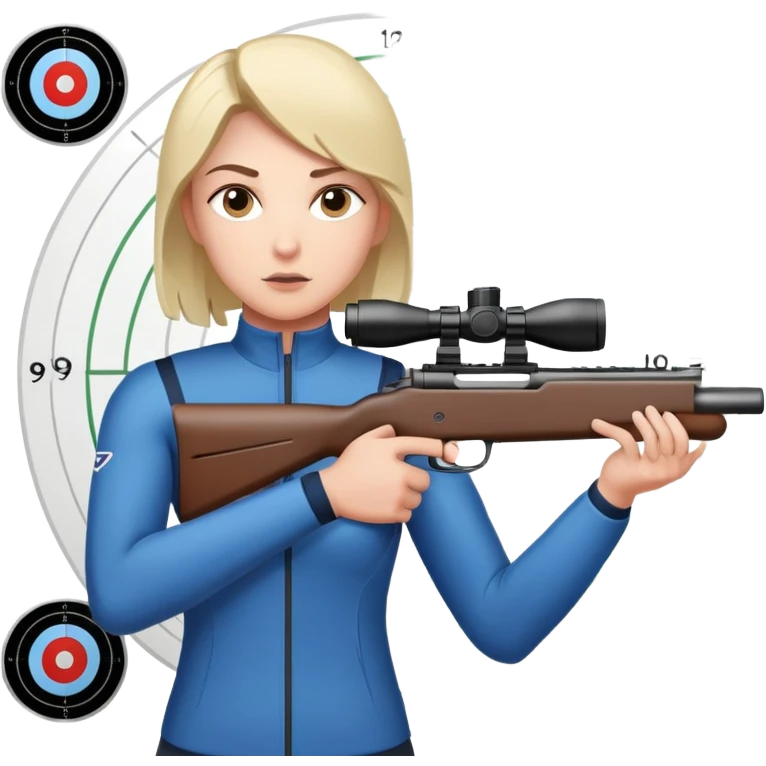 An athlete in shooting stance, focused on the target, holding a precision rifle. The background features a shooting range with targets set at various distances, highlighting control, concentration, and accuracy in the sport of competitive shooting. emoji