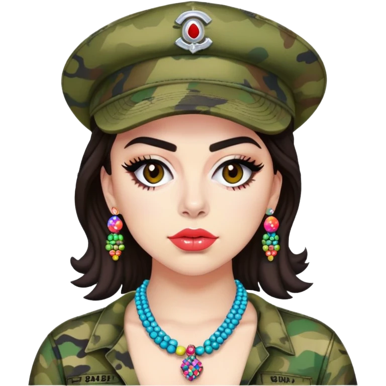 charli xcx in colorful beaded necklace and camo hat emoji