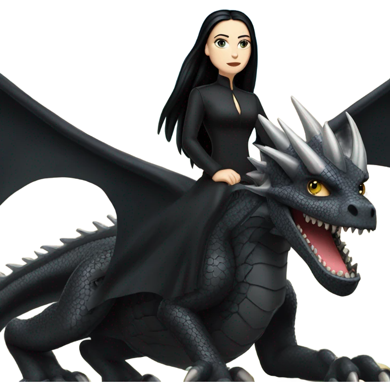 Determined and beautiful armored teen Morticia Addams riding on the back of a giant black dragon emoji