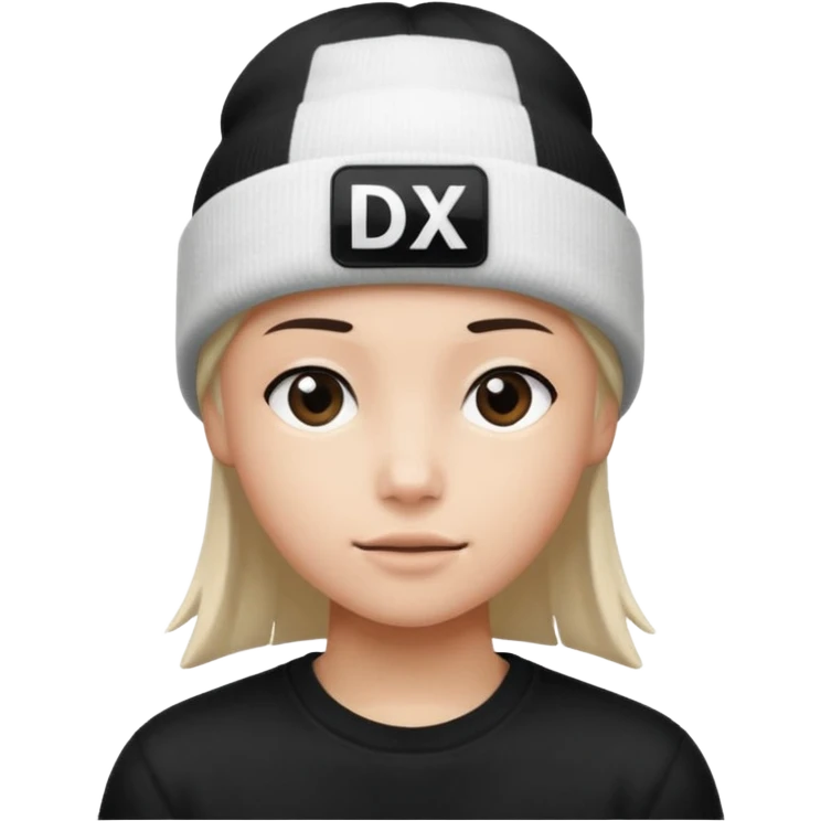 wearing a white beanie with an black square logo with the word "DX" written on it.

 emoji