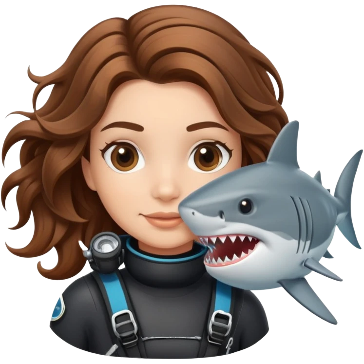 A scuba (brown wavy hair) girl and a shark emoji