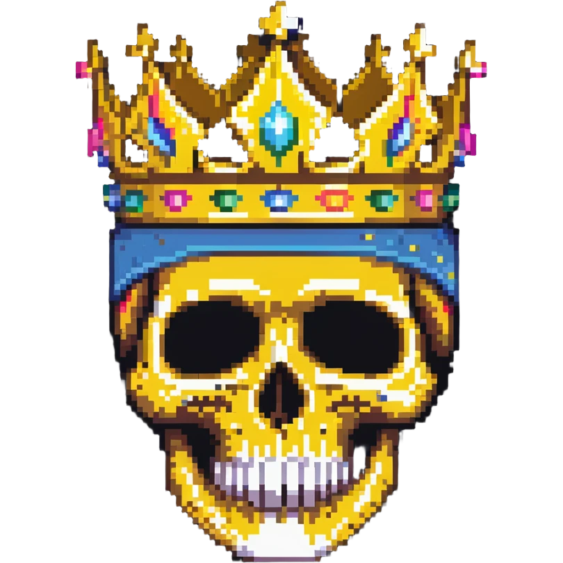 pixel art of a colorful skull with vibrant colors, wearing a gold crown and a bright ski mask emoji