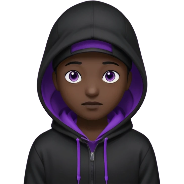 Cartoon blacked character related to a shadow, with all black clothes, focusing a hoodie with his cap on, no visible face because of the darkness, just his purple shadow eyes making a light bloom emoji