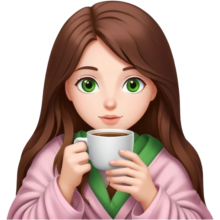 girl with very long brown hair and green eyes in a light pink blanket sipping coffee emoji