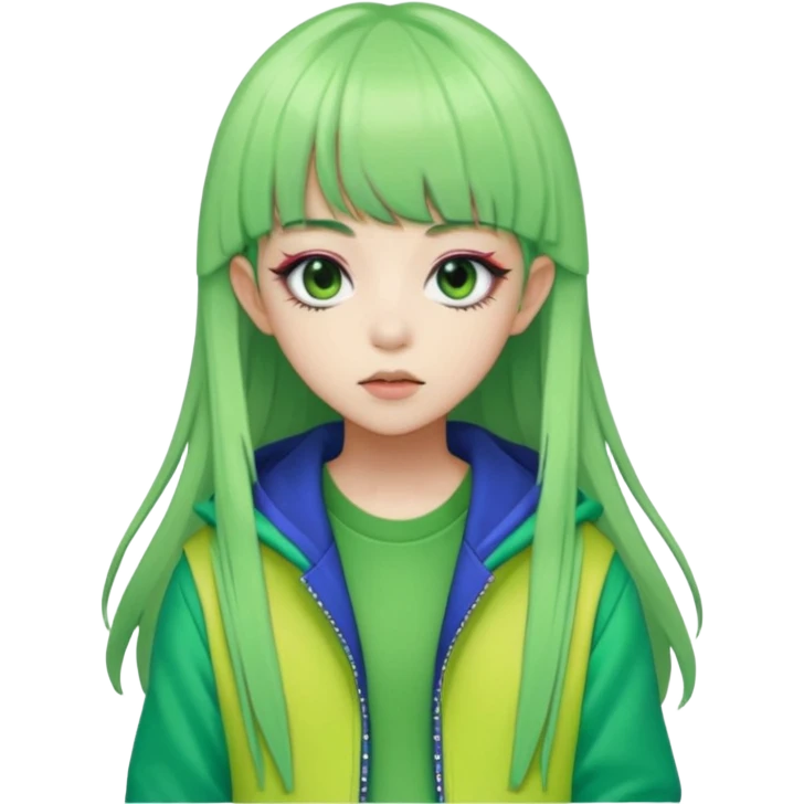 portrait-of-a-green skin alien-k-pop-idol,-wearing-a-stylish-streetwear-outfit-with-layered-colorful-clothing,-long-hair-with-bangs,-makeup,- emoji