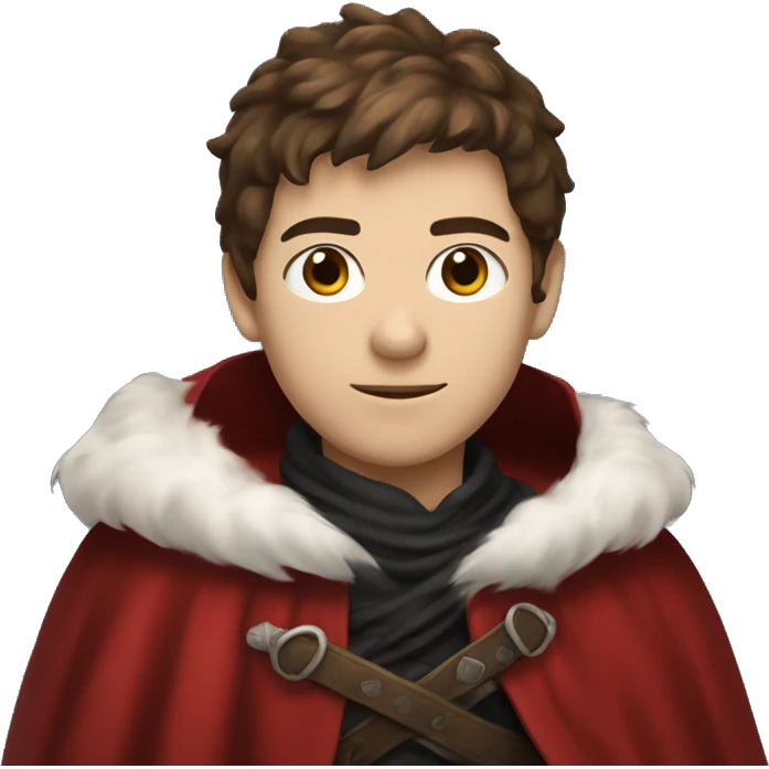 A young swordsman with messy brown hair wearing a red cloak with white fur, as well as a black scarf wrapped around his neck emoji