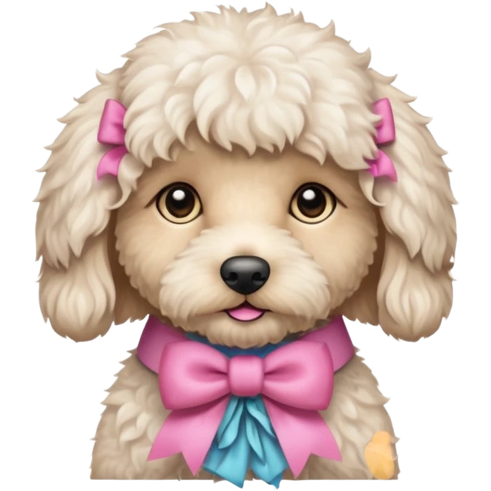 white fluffy labradoodle with light brown eyes and pink bow emoji