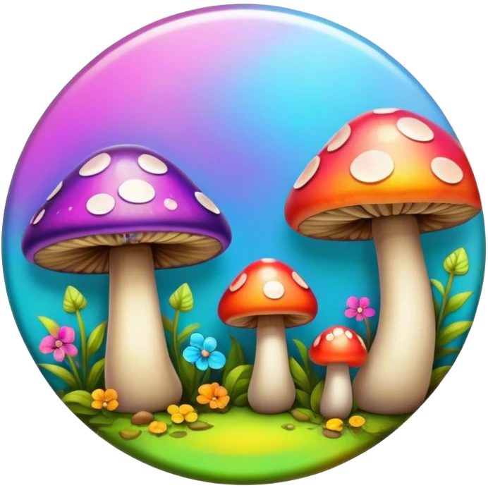 A round psychedelic colored button with bezeled edges and colorful hippie style mushrooms emoji