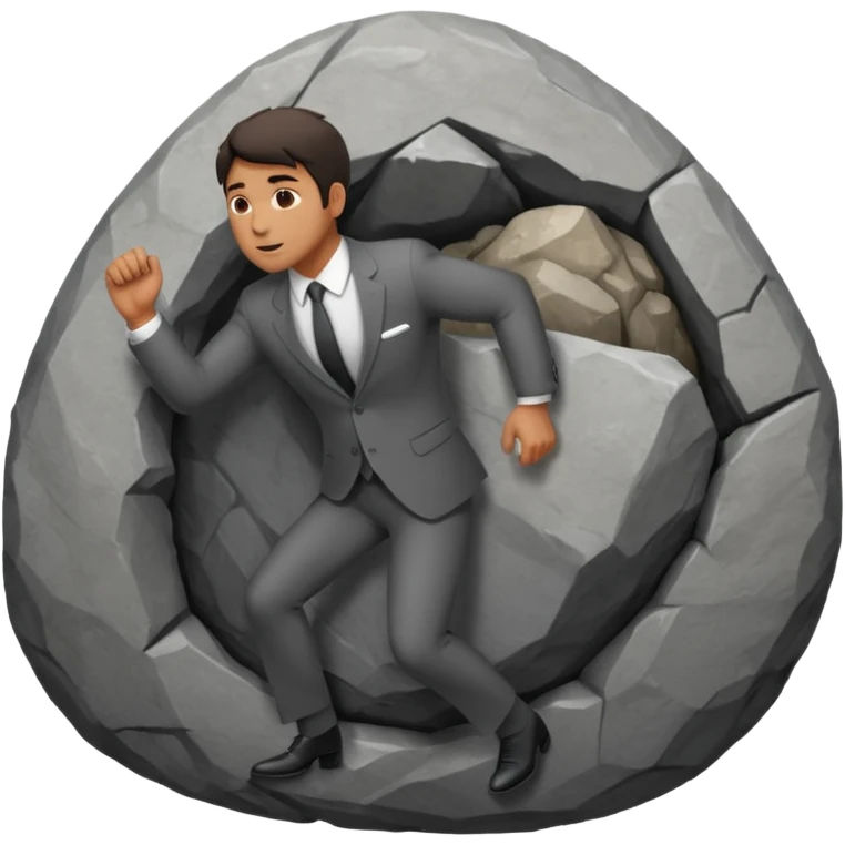a man in a suit  pushing a huge rock emoji