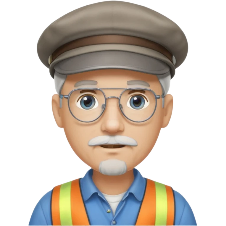 Older cute white male, goatee, grey Irish flat cap, handyman, blue eyes wire rim glasses, goatee emoji