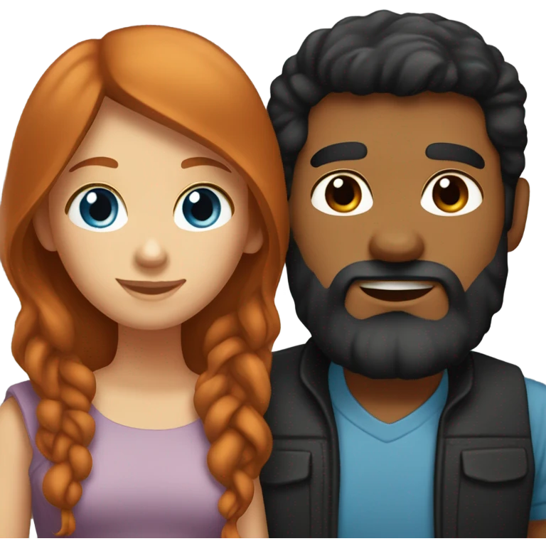 Redhead blue eyed girl and black haired bearded tan male couple emoji