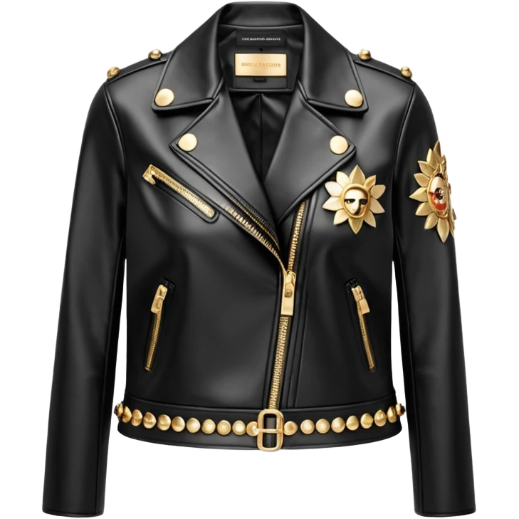 Dolce and gabanna brand Cropped leather jacket for women with 10k gold and metallic chrome edgy style embellishments. 8k, 5000x5000px, 3D rendering, realistic, isolated still life, no emoji faces no emoji icons no human figures  emoji