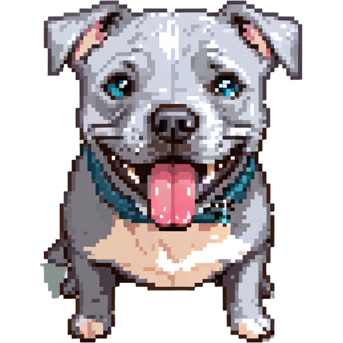 round circle puppy head only, full grey bleu staffy, big open mouth, big tongue out, stupid expression emoji