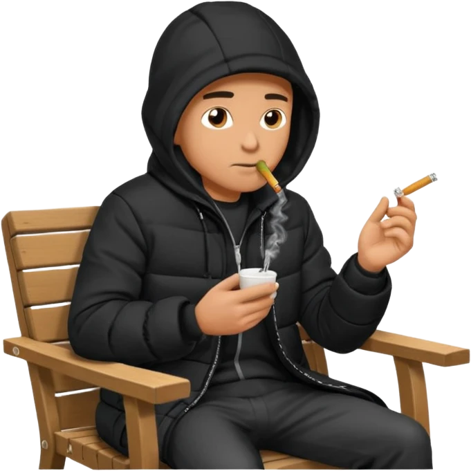 A man sitting on a chair, wearing a black puffed coat with hood, hands in his pocket, smoking a cigaret, he is on a chair, the chair is an outside coffe terrasse chair emoji