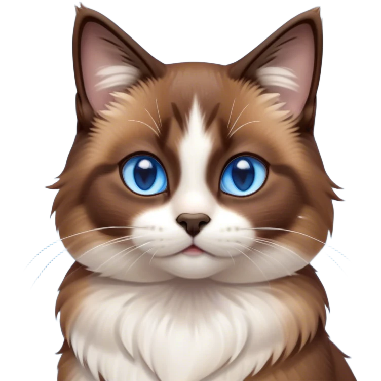 Cinematic Cute Brown Mantle Snowshoe Cat Portrait Emoji, Head tilted playfully and inquisitively, rich brown fur cascading over its back like a mantle, with soft white paws, chest, and face, striking icy-blue eyes brimming with curiosity, Simplified yet irresistibly adorable features, highly detailed, glowing with a warm, friendly glow, high shine, affectionate and lively, stylized with a touch of whimsy, bright and endearing, soft glowing outline, capturing the essence of a mischievous yet loving kitten, so playful it feels like it could pounce out of the screen and into your arms! emoji
