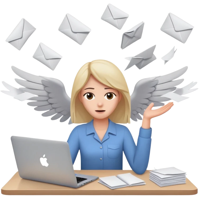 tired woman sitting at a desk with a MacBook, holding her arms out to the side, surrounded by flying papers emoji