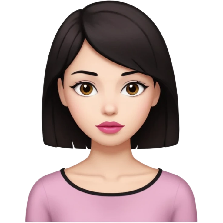 my hair is dark brown almost black, reaching my shoulder. the haircut is wolfcut, pretty lasher hut not thick. slightly pink lips. emoji