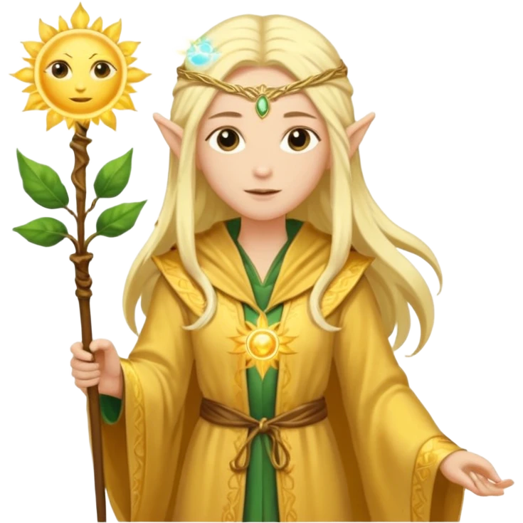 {
      "type": "human",
      "look": "light elf healer, golden robe, staff with leaf and sun motif",
      "description": "a light elf healer wearing a golden robe and holding a staff with leaf and sun symbols"
    } emoji