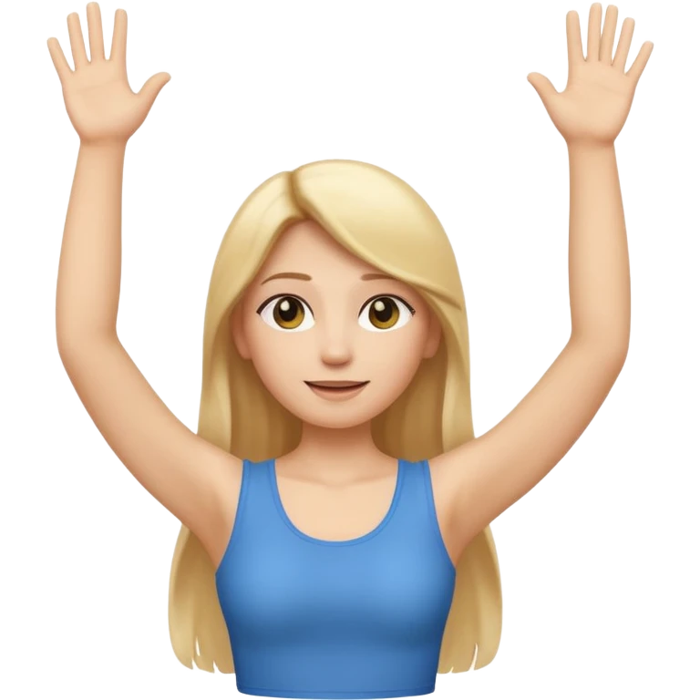 I want a white female animated gif emoji with long straight blonde hair putting hands up in the air. Wearing a tight no sleeve top  emoji