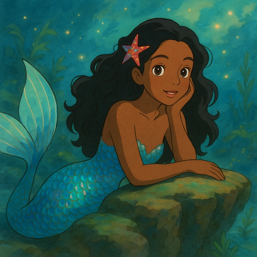 mermaid with pretty brown skin and iridescent scales, magical and whimsical atmosphere, ghibli style emoji
