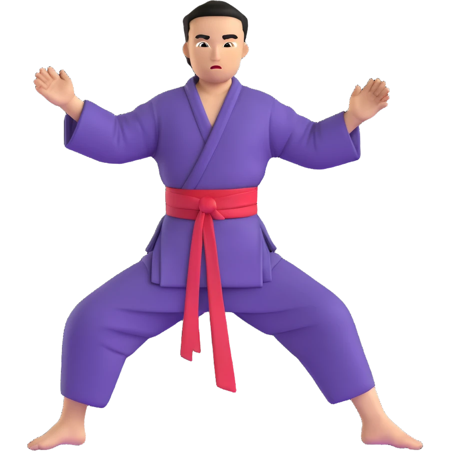 Martial artist in dynamic kung fu pose, wearing traditional loose outfit with sash emoji