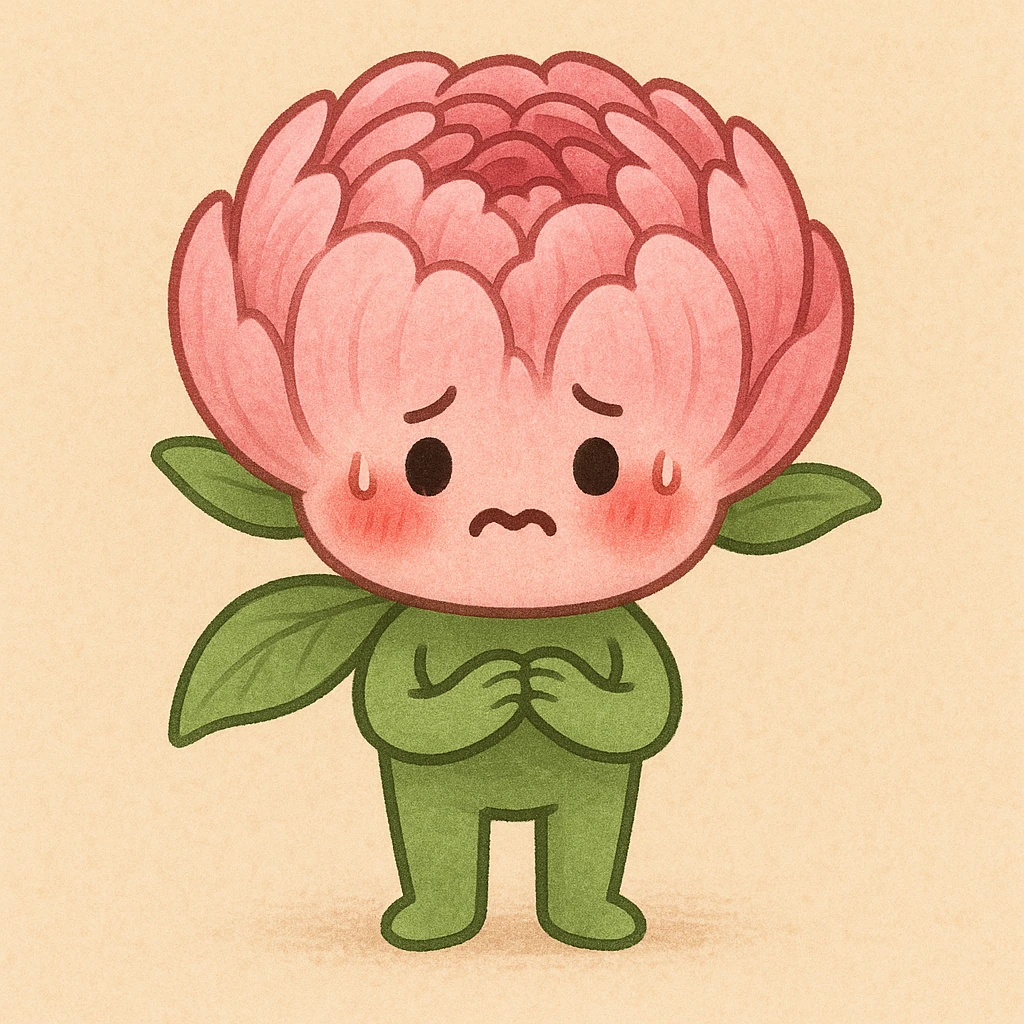 cute anthropomorphic pink peony flower with a round body, arms and legs, blushing cheeks, nervous expression emoji