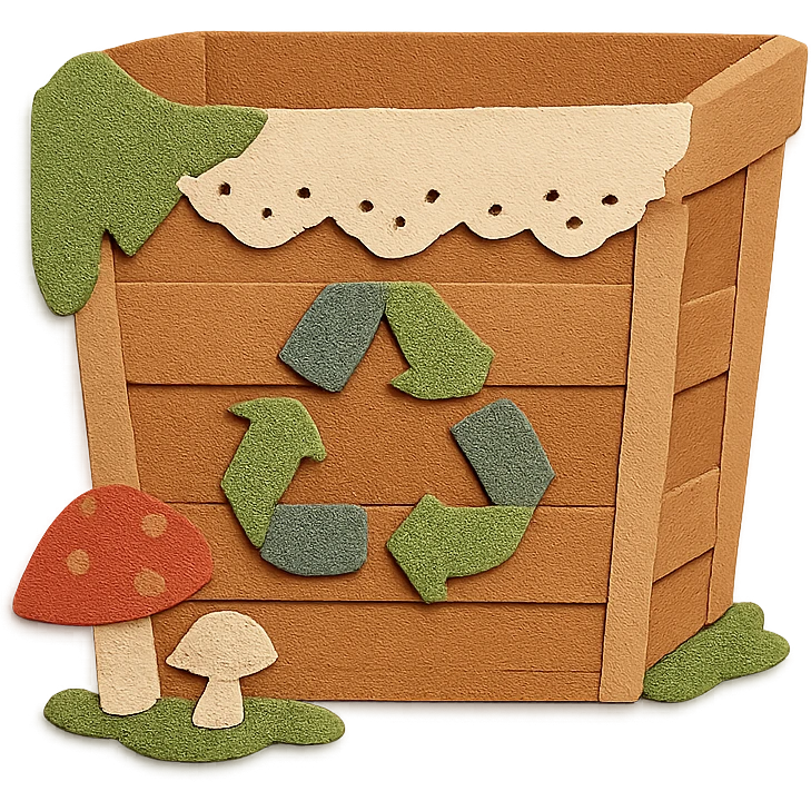 cottagecore empty recycling bin wooden basket with lace and moss, mushrooms at base, transparent background, no text, soft earthy tones, whimsical homey feel emoji